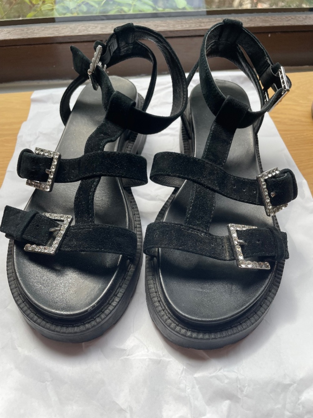 COSMOPOLITAN black suede platform sandals bejeweled buckles in size 38 (US 7.5)